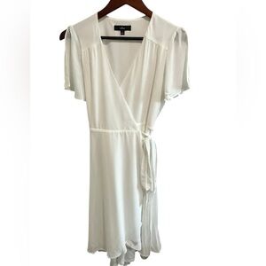LULU'S sz S  Occasion White Midi Wrap Sheer lined Dress Flutter Split Sleeve